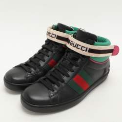 Gucci Black Leather Stripe Ace High Top Sneakers Size 39