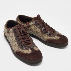 Gucci Beige/Brown GG Supreme Canvas and Suede Barcelona Low Top Sneakers Size 42.5