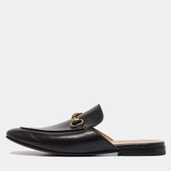 Pre Owned Gucci Black Leather Princetown Horsebit Flat Mules Size 40