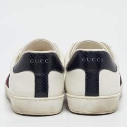 Gucci White/Blue Leather and Snakeskin Leather Ace Lace Up Sneakers Size 43.5