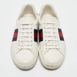 Gucci White/Blue Leather and Snakeskin Leather Ace Lace Up Sneakers Size 43.5