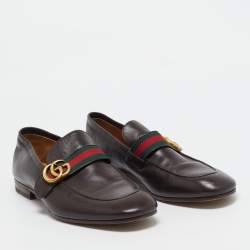 Pre Owned Gucci Brown Leather GG Web Penny Loafers Size 44