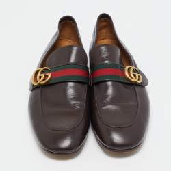 Pre Owned Gucci Brown Leather GG Web Penny Loafers Size 44