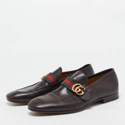 Pre Owned Gucci Brown Leather GG Web Penny Loafers Size 44
