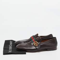 Pre Owned Gucci Brown Leather GG Web Penny Loafers Size 44