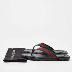 Pre Owned Gucci Black Leather Web Flat Thong Sandals Size 45
