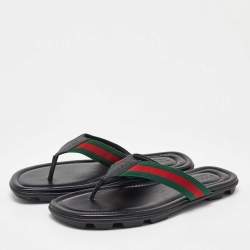 Pre Owned Gucci Black Leather Web Flat Thong Sandals Size 45