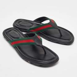 Pre Owned Gucci Black Leather Web Flat Thong Sandals Size 45