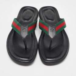 Pre Owned Gucci Black Leather Web Flat Thong Sandals Size 45