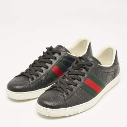 Gucci Black Guccissima Leather Web Detail Ace Sneakers Size 45.5