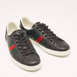 Gucci Black Guccissima Leather Web Detail Ace Sneakers Size 45.5