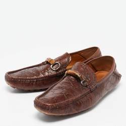 Pre Owned Gucci Brown Guccissima Leather Bamboo Horsebit Slip On Loafers Size 43.5