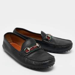 Gucci Black Leather Web Horsebit Loafers Size 42