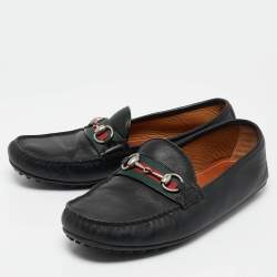 Gucci Black Leather Web Horsebit Loafers Size 42