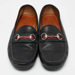 Gucci Black Leather Web Horsebit Loafers Size 42