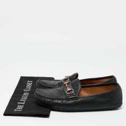 Gucci Black Leather Web Horsebit Loafers Size 42