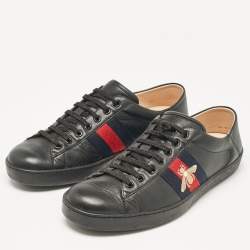 Gucci Black Leather Ace Bee Web Lace Up Sneakers Size 43