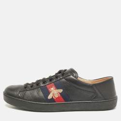 Gucci Black Leather Ace Bee Web Lace Up Sneakers Size 43