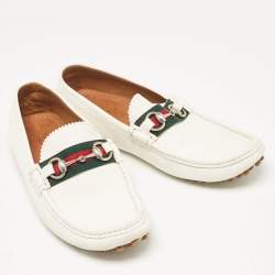 Gucci White Leather Web Slip On Loafers Size 41