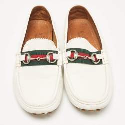 Gucci White Leather Web Slip On Loafers Size 41