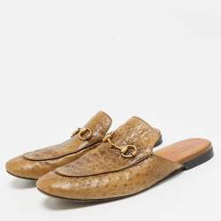 Gucci Brown Ostrich Leather Princetown Mules Size 43.5