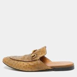 Gucci Brown Ostrich Leather Princetown Mules Size 43.5