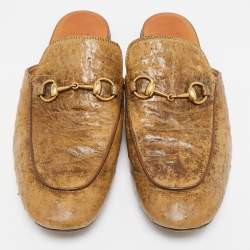 Gucci Brown Ostrich Leather Princetown Mules Size 43.5
