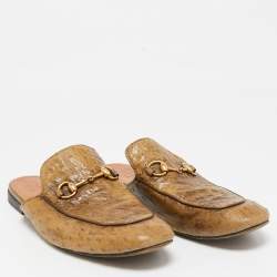 Gucci Brown Ostrich Leather Princetown Mules Size 43.5