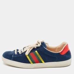 Gucci Blue Velvet And Leather Web Detail Ace Sneakers Size 44