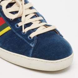 Gucci Blue Velvet And Leather Web Detail Ace Sneakers Size 44