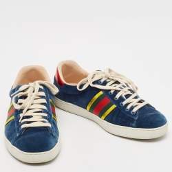 Gucci Blue Velvet And Leather Web Detail Ace Sneakers Size 44