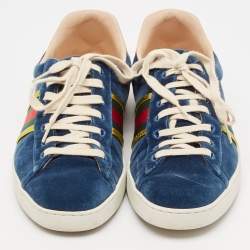 Gucci Blue Velvet And Leather Web Detail Ace Sneakers Size 44