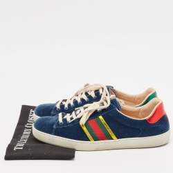 Gucci Blue Velvet And Leather Web Detail Ace Sneakers Size 44