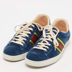 Gucci Blue Velvet And Leather Web Detail Ace Sneakers Size 44