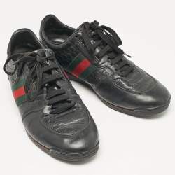 Gucci Black Guccissima Leather Web Low Top Sneakers Size 43.5