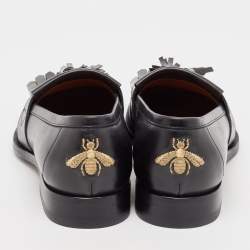Gucci Black Leather Bee Embroidered Fringe Loafers Size 41