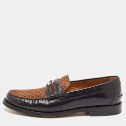 Gucci Black/Brown Canvas and Leather Interlocking G Logo Leather Loafers  Size 43