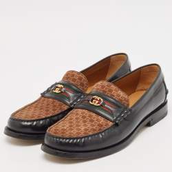 Gucci Black/Brown Canvas and Leather Interlocking G Logo Leather Loafers  Size 43