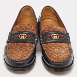 Gucci Black/Brown Canvas and Leather Interlocking G Logo Leather Loafers  Size 43