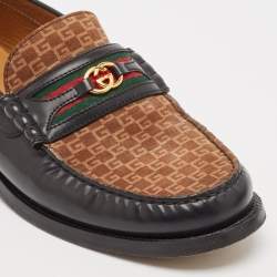 Gucci Black/Brown Canvas and Leather Interlocking G Logo Leather Loafers  Size 43