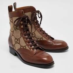 Gucci Beige/Brown Jumbo GG Canvas and Leather Ankle Boots Size 42.5