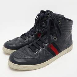 Gucci Navy Blue Guccissima Leather Web Detail High Top Sneakers Size 44