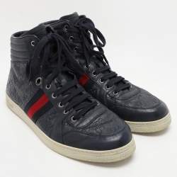 Gucci Navy Blue Guccissima Leather Web Detail High Top Sneakers Size 44