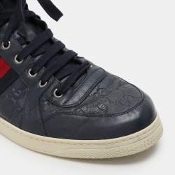 Gucci Navy Blue Guccissima Leather Web Detail High Top Sneakers Size 44