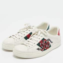 Gucci White Leather and Snakeskin Embossed Leather Ace Lace Up Sneakers Size 43.5
