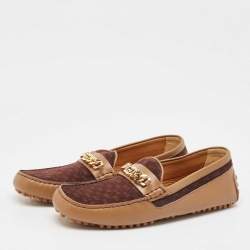 Pre Owned Gucci Brown Leather and Suede GG Marmont Loafers Size 42.5