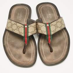 Pre Owned Gucci Brown/Beige Canvas and Leather Thong Sandals Size 42