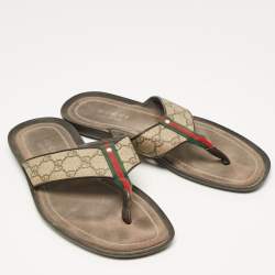 Pre Owned Gucci Brown/Beige Canvas and Leather Thong Sandals Size 42