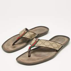 Pre Owned Gucci Brown/Beige Canvas and Leather Thong Sandals Size 42