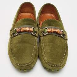 Gucci Green Suede Bamboo Horsebit Loafers Size 44